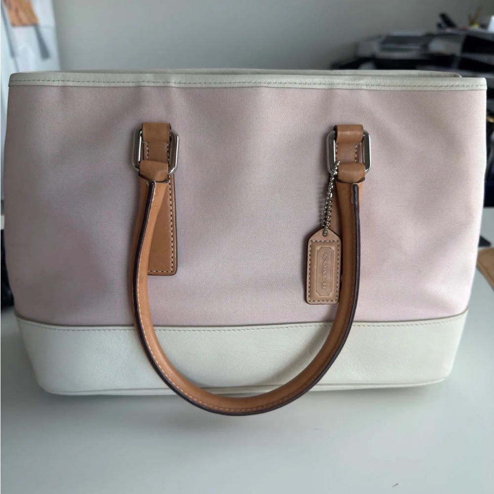 Coach Pink and White Satchel with Tan Handles